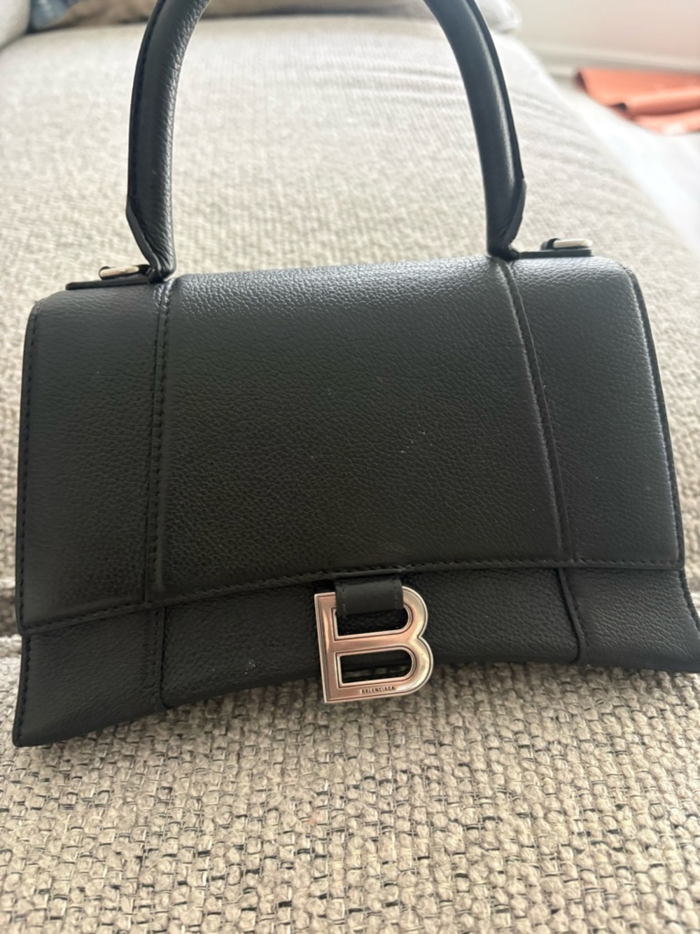 Balenciaga Black Hourglass Mini Top-Handle Bag with Silver 'B' Logo